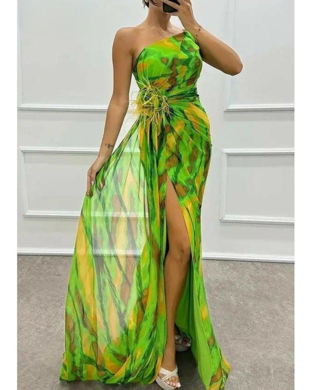 Liora - Off-Shoulder Slit Printed Maxi Dress