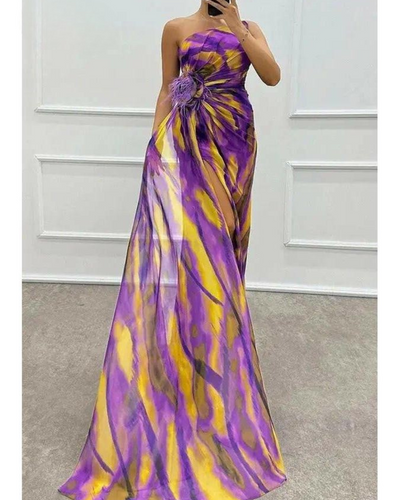 Liora - Off-Shoulder Slit Printed Maxi Dress
