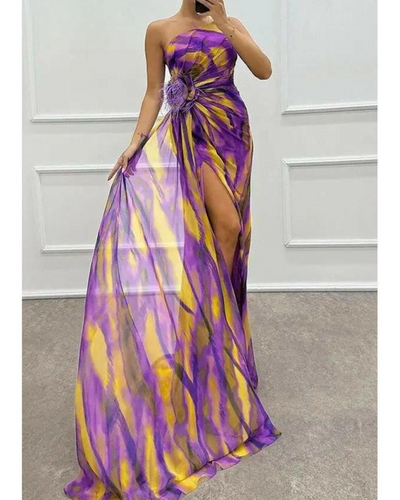 Liora - Off-Shoulder Slit Printed Maxi Dress