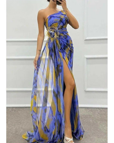Liora - Off-Shoulder Slit Printed Maxi Dress