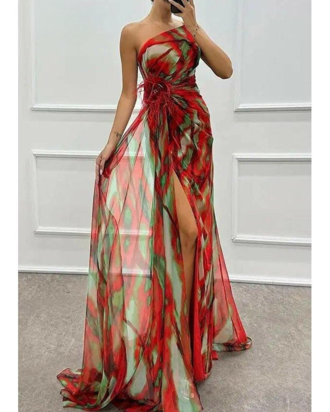Liora - Off-Shoulder Slit Printed Maxi Dress
