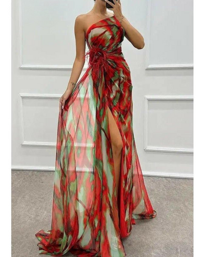 Liora - Off-Shoulder Slit Printed Maxi Dress