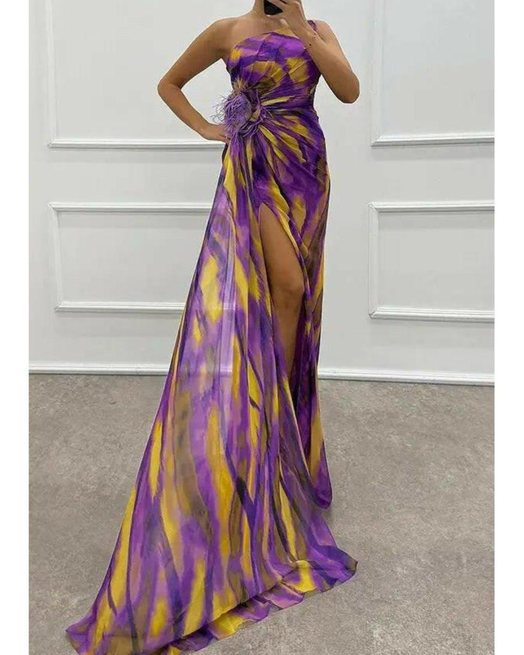 Liora - Off-Shoulder Slit Printed Maxi Dress