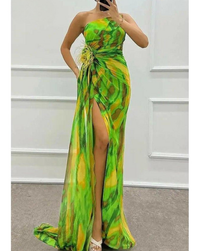 Liora - Off-Shoulder Slit Printed Maxi Dress