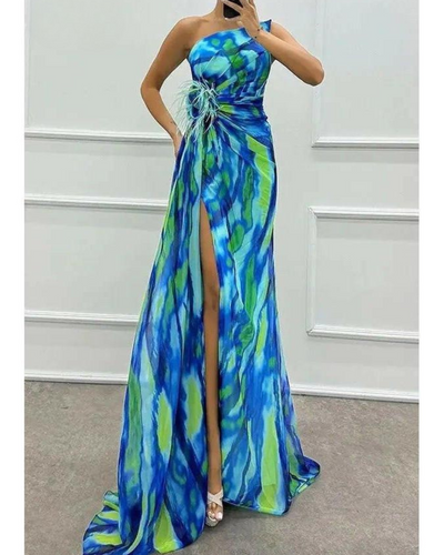 Liora - Off-Shoulder Slit Printed Maxi Dress