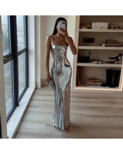 Michaela - Spaghetti Strap Shimmer Maxi Dress