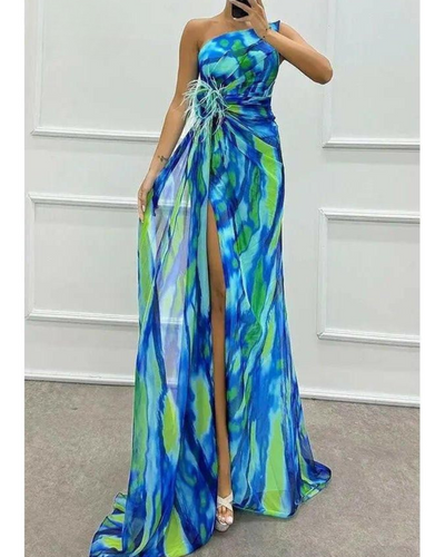 Liora - Off-Shoulder Slit Printed Maxi Dress