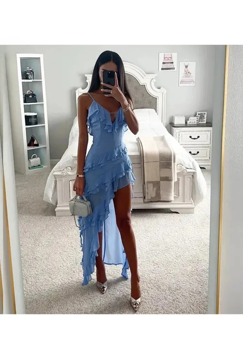 Lilah | Solid V-Neck Ruffle Slim Dress