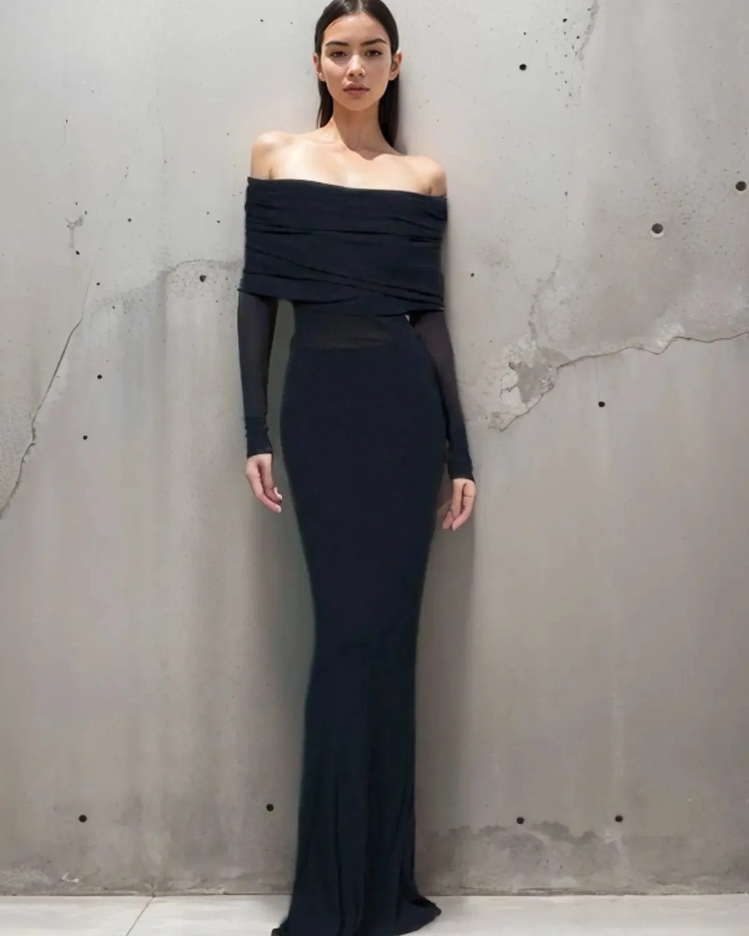 Abriella - Off-Shoulder Overfold Mesh Maxi Dress