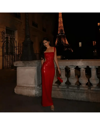 Michaela - Spaghetti Strap Shimmer Maxi Dress