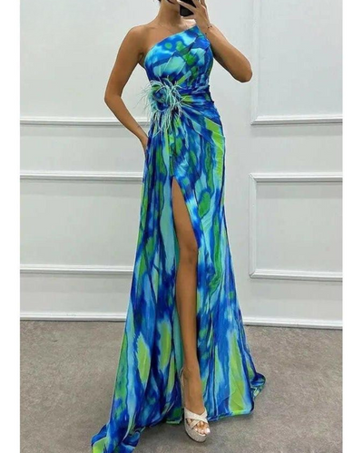 Liora - Off-Shoulder Slit Printed Maxi Dress