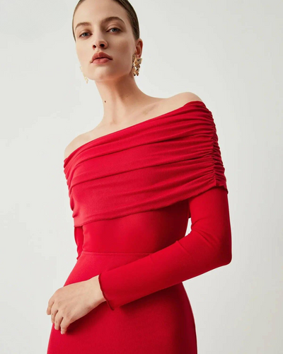 Abriella - Off-Shoulder Overfold Mesh Maxi Dress