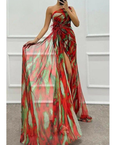 Liora - Off-Shoulder Slit Printed Maxi Dress