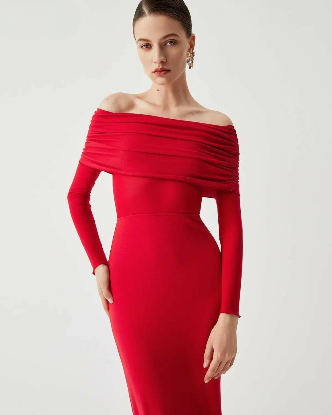 Abriella - Off-Shoulder Overfold Mesh Maxi Dress