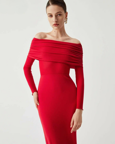 Abriella - Off-Shoulder Overfold Mesh Maxi Dress