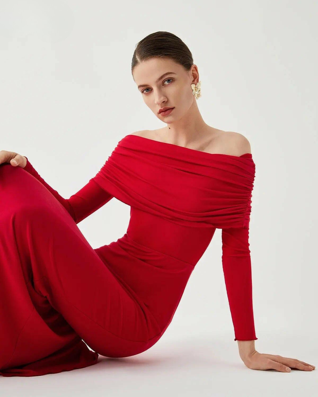 Abriella - Off-Shoulder Overfold Mesh Maxi Dress