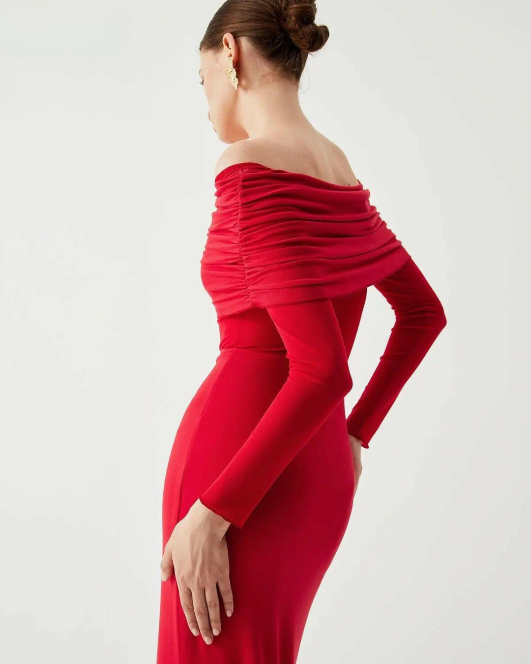 Abriella - Off-Shoulder Overfold Mesh Maxi Dress