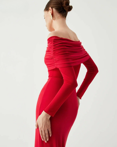 Abriella - Off-Shoulder Overfold Mesh Maxi Dress