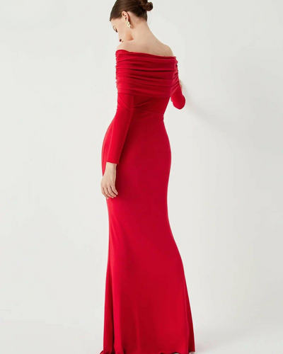 Abriella - Off-Shoulder Overfold Mesh Maxi Dress