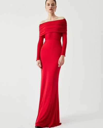 Abriella - Off-Shoulder Overfold Mesh Maxi Dress