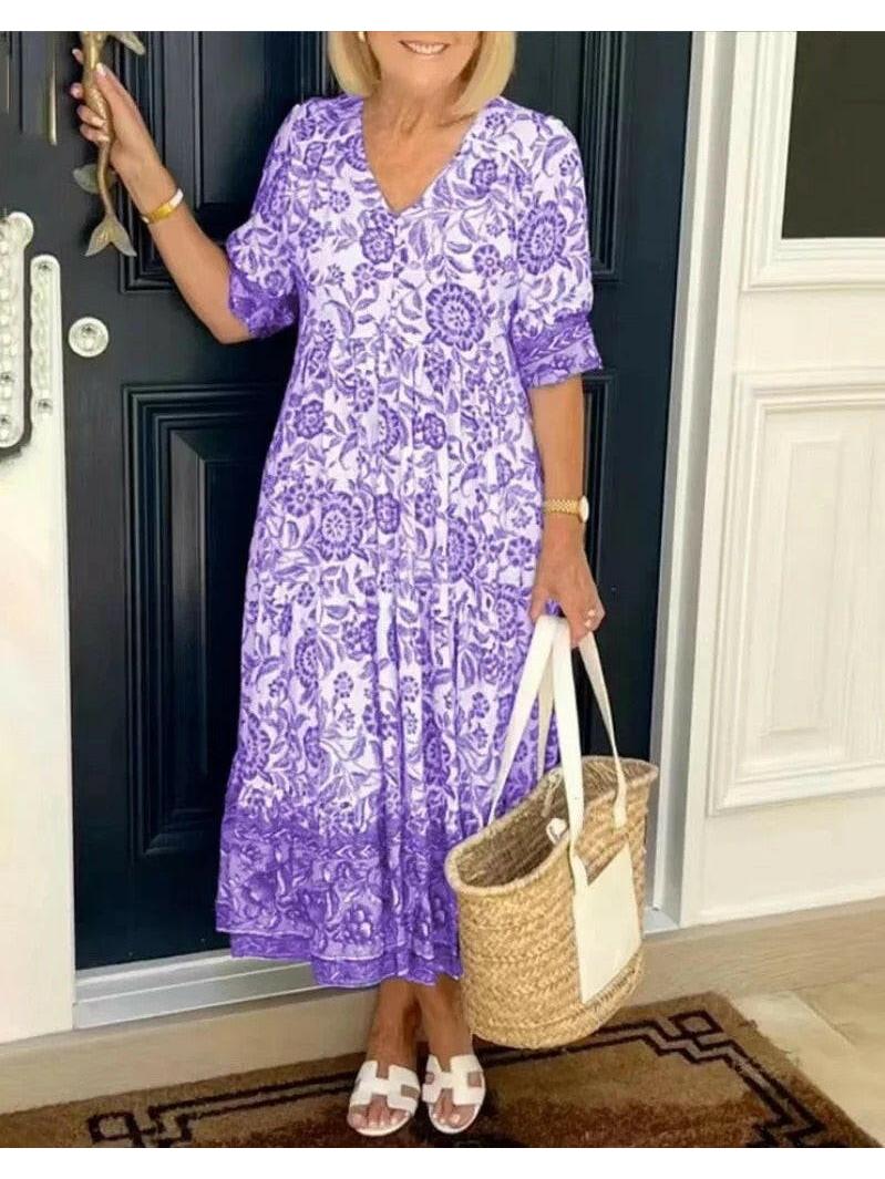 ARIA™ - Elegant Floral Dress with V-Neck