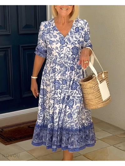 ARIA™ - Elegant Floral Dress with V-Neck