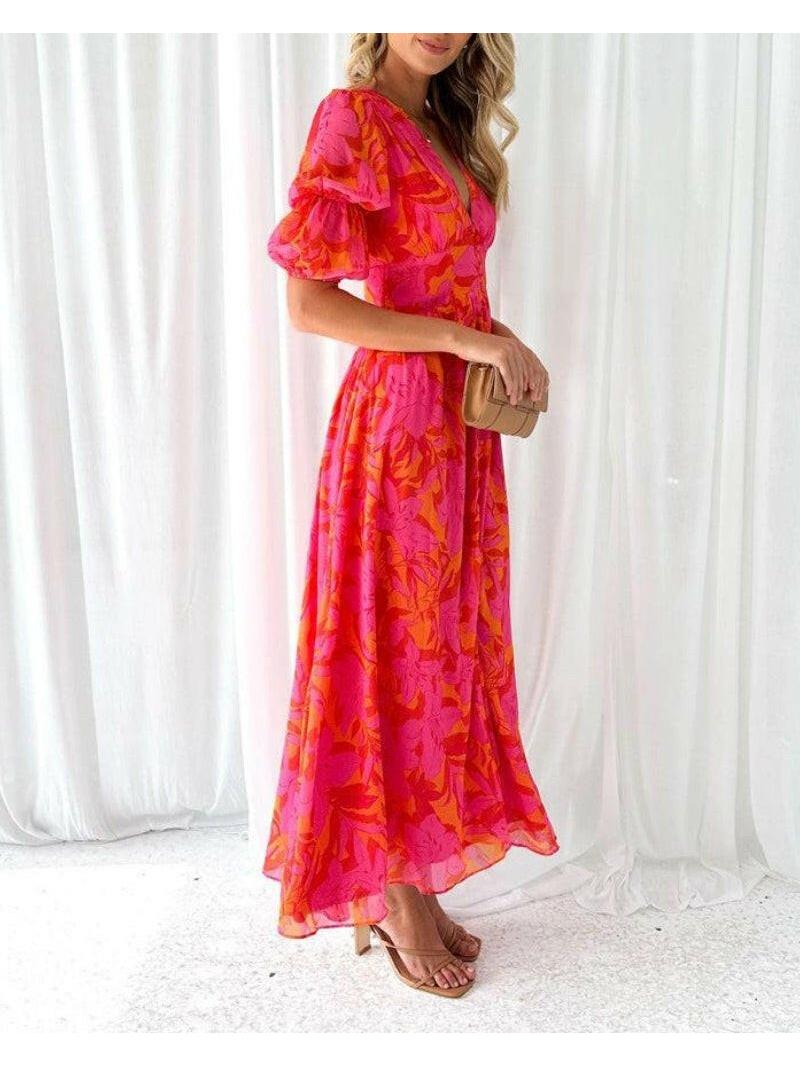 Alva - Elegant V-neck Puff Sleeve Maxi Dress