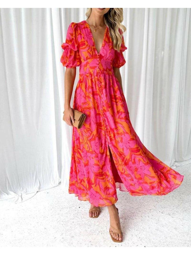 Alva - Elegant V-neck Puff Sleeve Maxi Dress