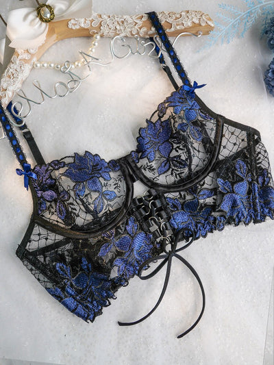 Floral Embroidery Ribbon Lingerie Set
