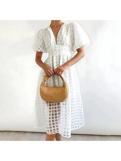 Cindy - Classic Patterned Puff Sleeve Midi Dress