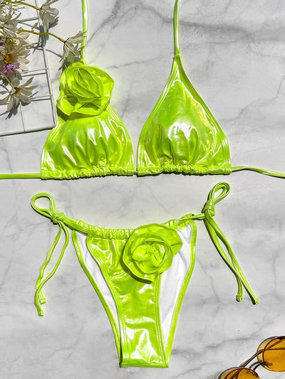 Glossy PU Flower Bikini Set