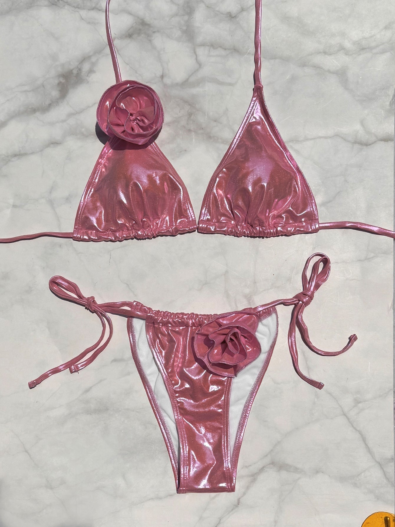 Glossy PU Flower Bikini Set