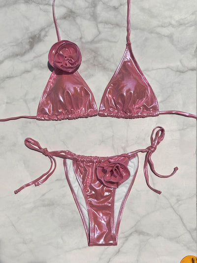 Glossy PU Flower Bikini Set