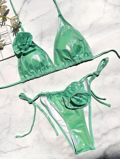 Glossy PU Flower Bikini Set