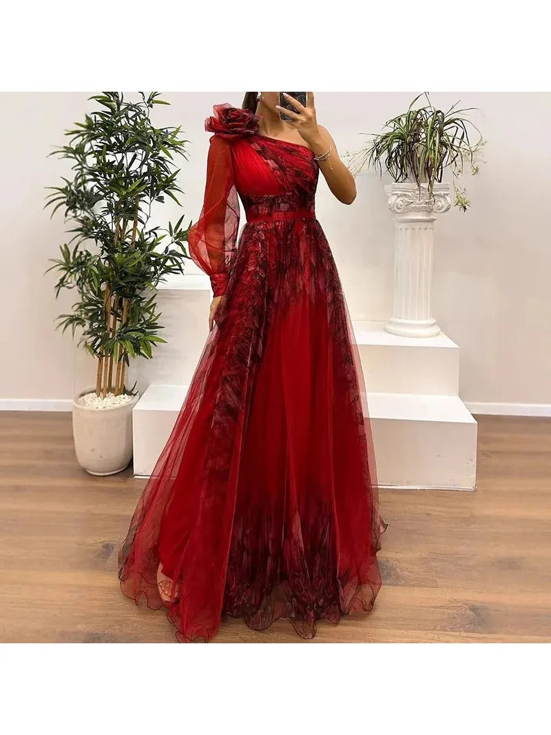 Judith - Trendy One Shoulder Mesh Print Maxi Dress