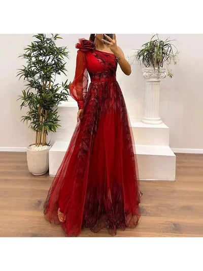 Judith - Trendy One Shoulder Mesh Print Maxi Dress