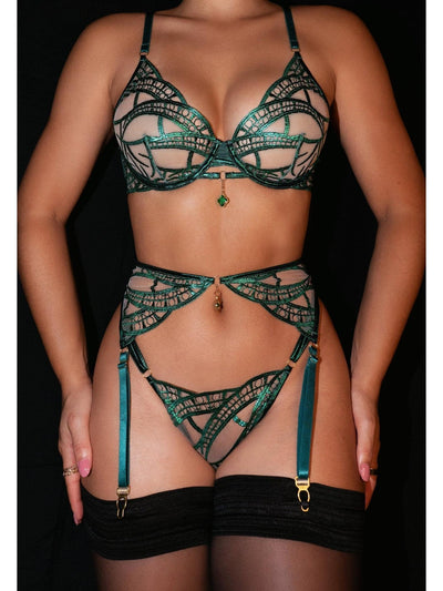 Luxe Green Metallic Foil Lace Lingerie Set