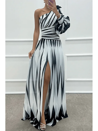 Shiloh - Elegant Striped One Shoulder Maxi Dress