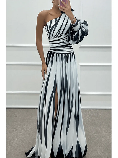 Shiloh - Elegant Striped One Shoulder Maxi Dress