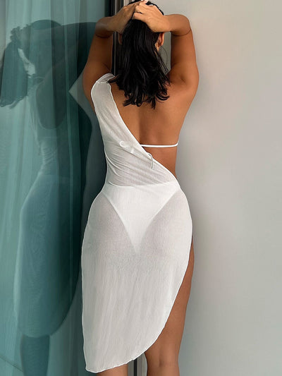 Solid Color Backless Mesh 3-piece Bikini Set