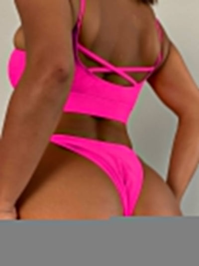 Solid Color Sexy Cross Back Hollow Out Bikini Set