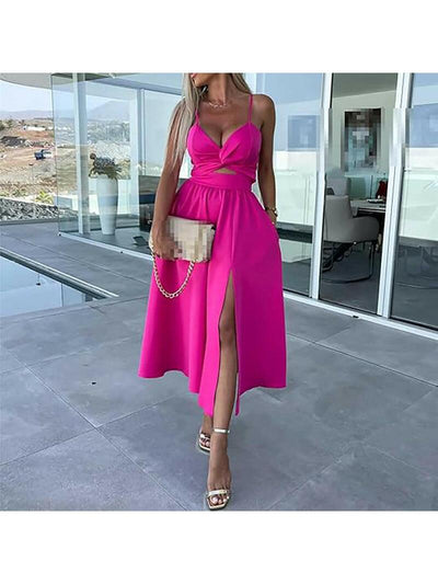 Vanette - Elegant Strappy Front Slit Midi Dress
