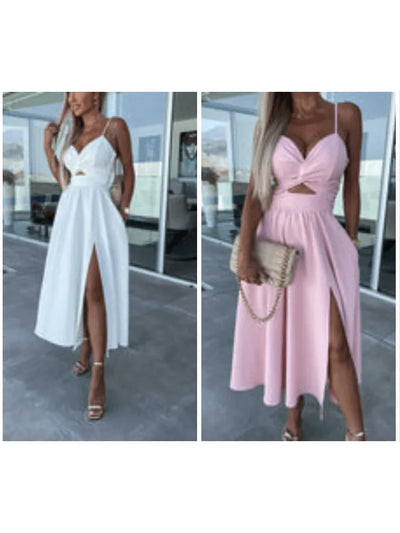 Vanette - Elegant Strappy Front Slit Midi Dress