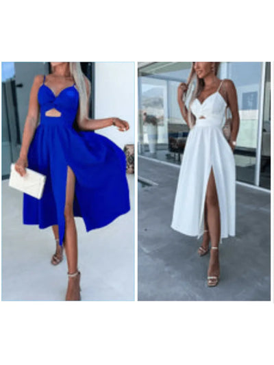 Vanette - Elegant Strappy Front Slit Midi Dress