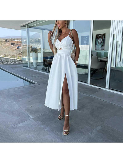 Vanette - Elegant Strappy Front Slit Midi Dress
